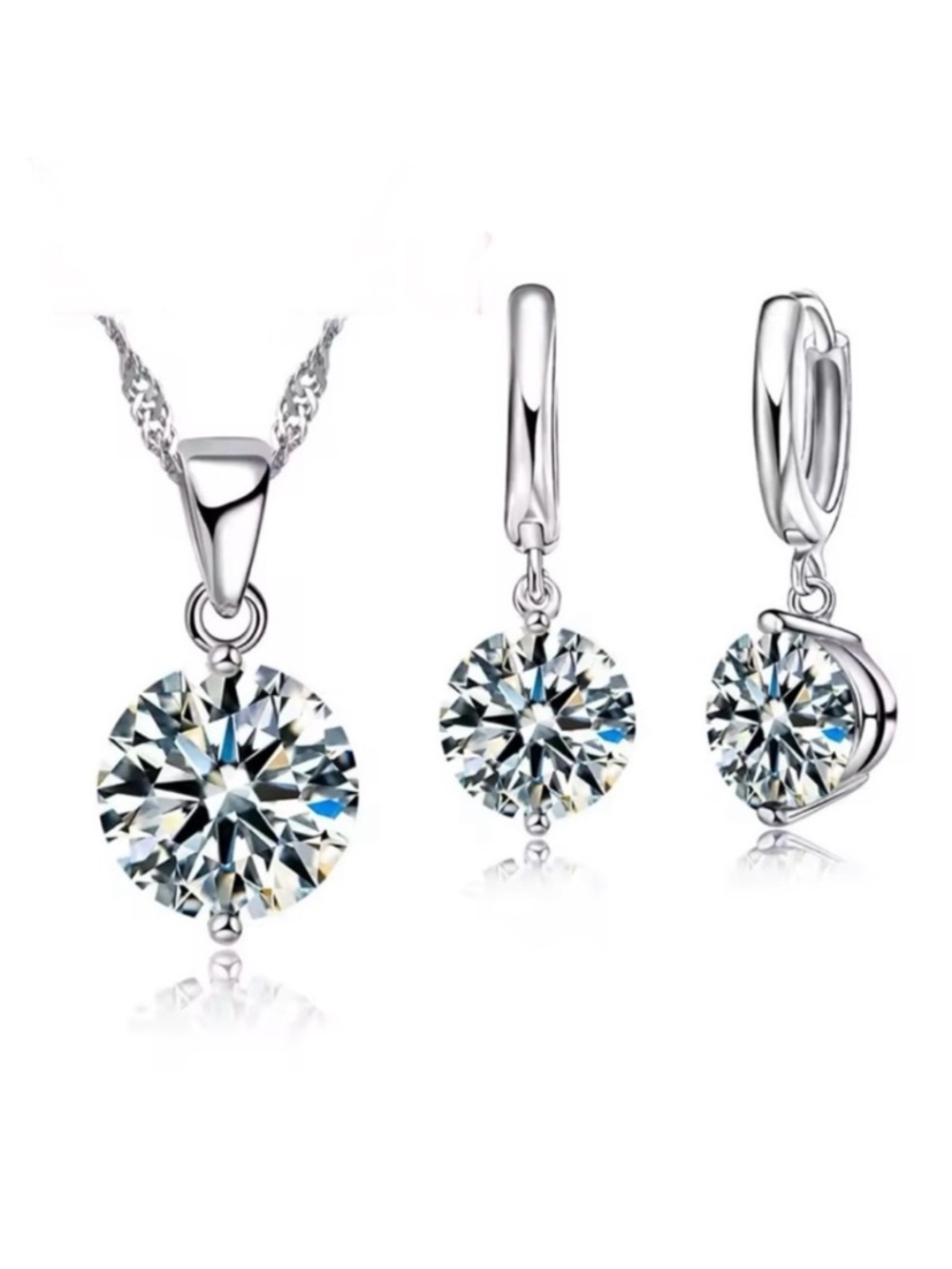 Swarovski Elements 925 Sterling Silver Round Solitaire Necklace Earrings SET NEW